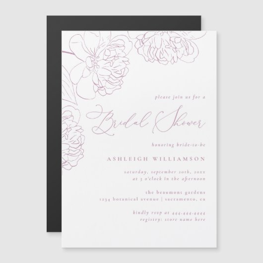 薄紫ミニマリスト手描き牡丹ブライダルシャワー マグネット招待状 (正面/裏面)