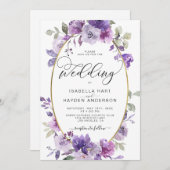 薄紫ムーブダスティパープルフローラゴールドフォイル結婚ズ 招待状 (正面/裏面)
