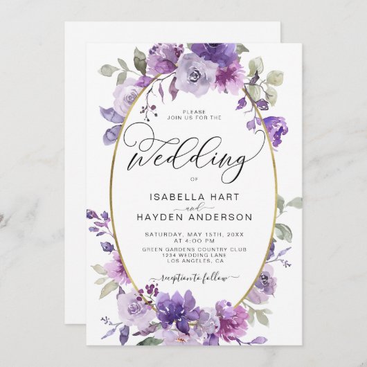 薄紫ムーブダスティパープルフローラゴールドフォイル結婚ズ 招待状 (正面/裏面)