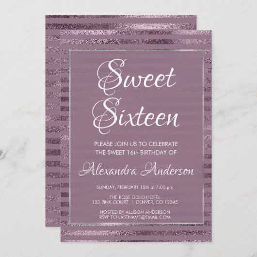 薄紫メタリックフォイル甘い16誕生日パーティー 招待状 (正面/裏面)