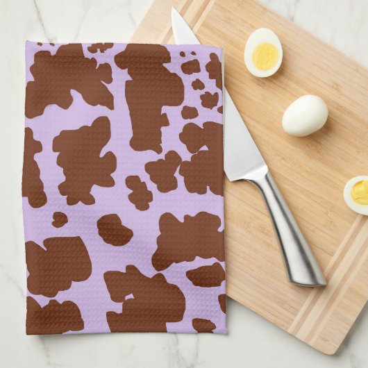 薄紫モダン紫と茶色の牛の皮膚プリント キッチンタオル (四つ折り)