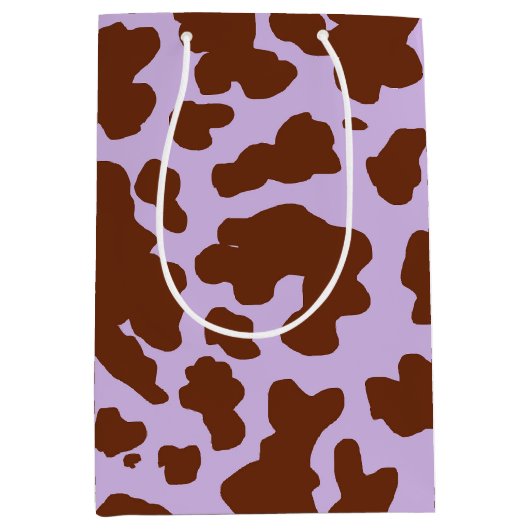 薄紫モダン紫と茶色の牛の皮膚プリント ミディアムペーパーバッグ (正面)