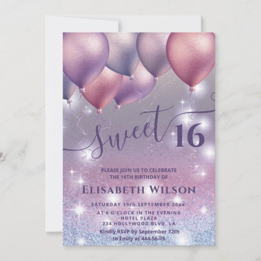薄紫ラベきらめくンの輝くグラデーション風船 招待状 (正面)