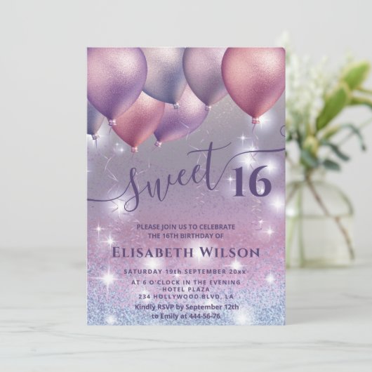 薄紫ラベきらめくンの輝くグラデーション風船 招待状 (スタンド正面)