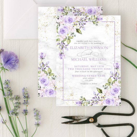 薄紫ラベフォーマルンダー金ゴールドマーブル結婚フローラズI 招待状