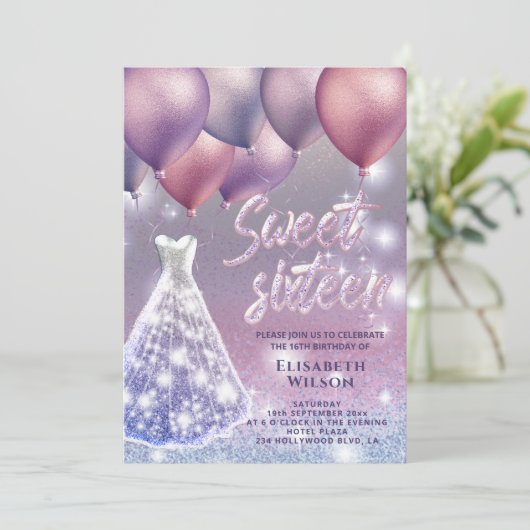 薄紫ラベンダーのきらめくきらびやかなドレスの風船 招待状 (スタンド正面)