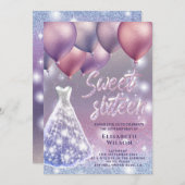 薄紫ラベンダーのきらめくきらびやかなドレスの風船 招待状 (正面/裏面)
