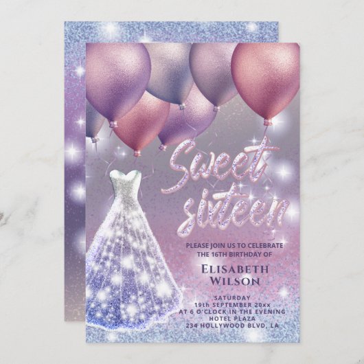 薄紫ラベンダーのきらめくきらびやかなドレスの風船 招待状 (正面/裏面)