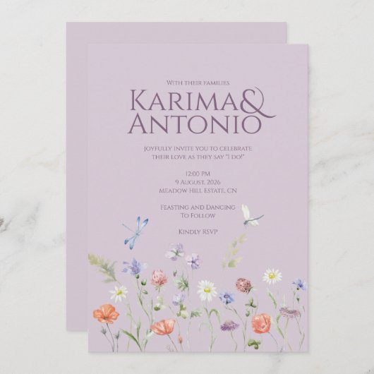 薄紫ラベンダーウィムシワイルドフラワー 招待状 (正面/裏面)