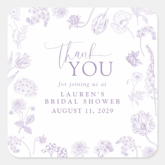 薄紫ラベンダーフローラブライダルシャワーありがとう スクエアシール (正面)