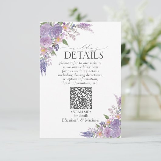 薄紫ラベンダーマウヴフローラQRCode結婚の詳細 エンクロージャーカード (スタンド正面)