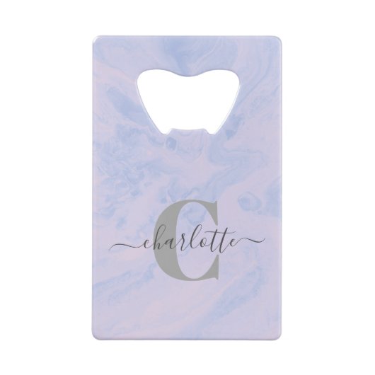 薄紫ラベンダーマーブルモノグラムエレガント名 クレジットカード栓抜き (裏面)