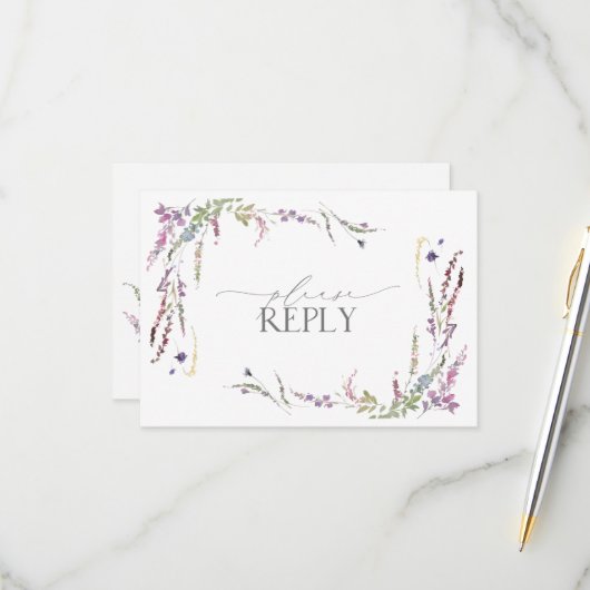 薄紫ラベンダーワイルドフラワーウォータカラーウェディングRSVP 出欠カード (正面/裏面インサイチュ)