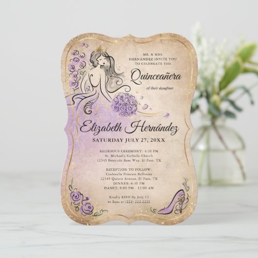 薄紫ラベンダー金ゴールドプリンセスキンセアニェラ誕生日 招待状 (スタンド正面)