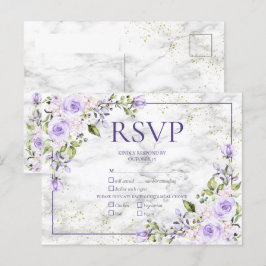 薄紫ラベンダー金ゴールド大理石フローラウェディングRSVP インビテーションポストカード