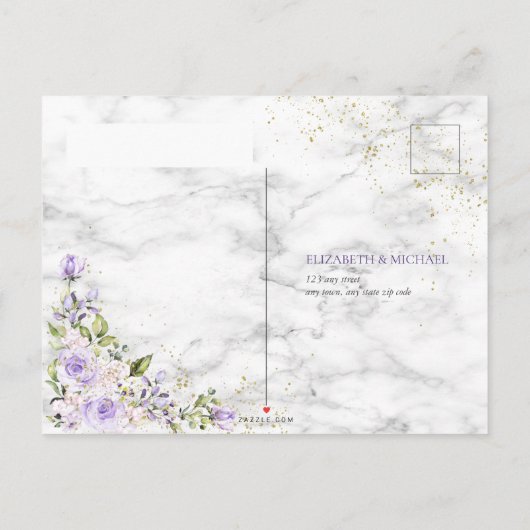 薄紫ラベンダー金ゴールド大理石フローラウェディングRSVP Inv インビテーションポストカード (裏面)