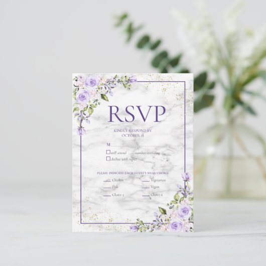 薄紫ラベンダー金ゴールド大理石フローラウェディングRSVP Inv インビテーションポストカード (スタンド正面)