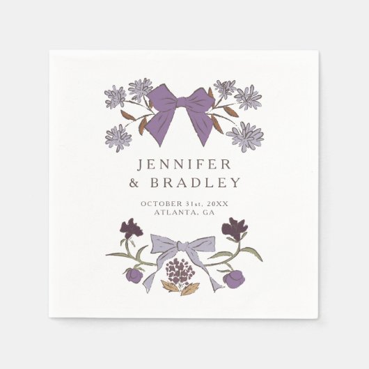 薄紫リボンと花結婚の スタンダードカクテルナプキン (正面)