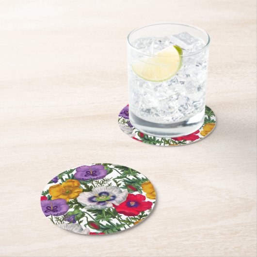 薄紫レッドホワイトイエローポピー&グリーン葉ズ ラウンドペーパーコースター (インサイチュ)