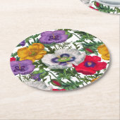 薄紫レッドホワイトイエローポピー&グリーン葉ズ ラウンドペーパーコースター (アングル)