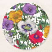 薄紫レッドホワイトイエローポピー&グリーン葉ズ ラウンドペーパーコースター (正面)
