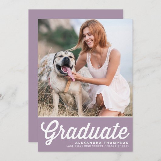 薄紫レトロはっきりしたタイポグラフィ写真卒業 招待状 (正面/裏面)