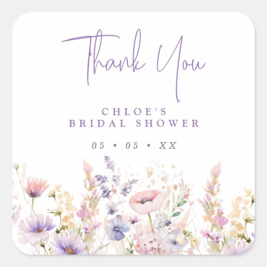 薄紫ワイルドフラワーズサンキューブライダルシャワーの好意 スクエアシール (正面)