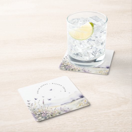 薄紫ワイルドフラワーバタフライフィールド結婚風景 スクエアペーパーコースター (インサイチュ)