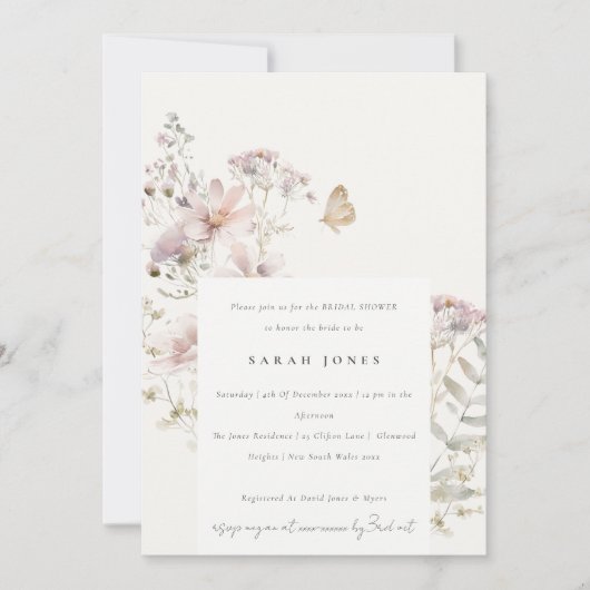 薄紫ワイルドフラワーファーンボタニカルブライダルシャワー 招待状 (正面)