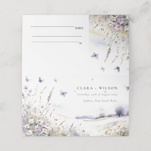 薄紫ワイルドフラワーフィールド蝶結婚風景 プレイスカード (外部開封)