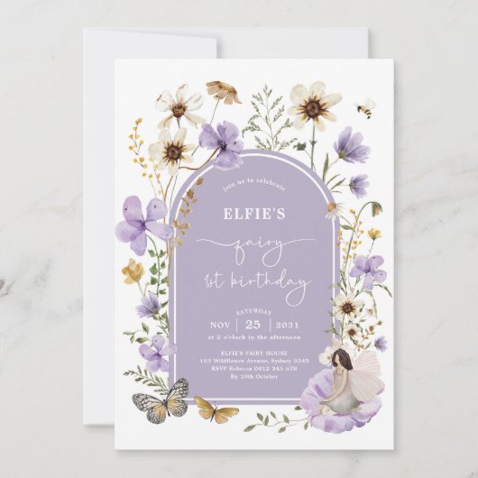 薄紫ワイルドフラワーフェアリーファースト誕生日ガーデンパーティー 招待状 (正面)