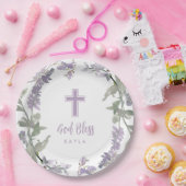 薄紫ワイルドフラワーリース&クロスバプテスムゴッドブレス ペーパープレート (パーティー)