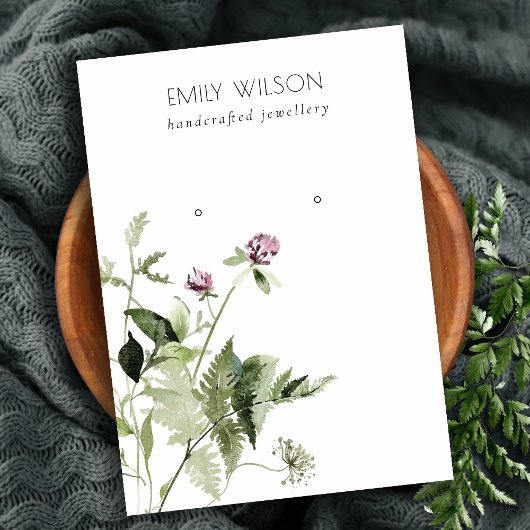 薄紫ワイルドフローラファーンバンチスタッドイヤリングディスプレイ 名刺