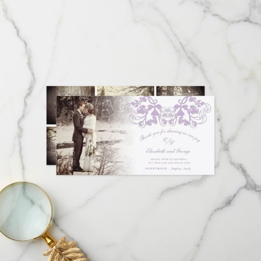 薄紫ヴィンテージダマスクフローラフローリッシュフォト結婚ズ サンキューカード (正面/裏面インサイチュ)