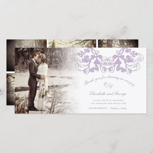 薄紫ヴィンテージダマスクフローラフローリッシュフォト結婚ズ サンキューカード (正面/裏面)