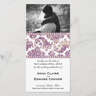 薄紫ヴィンテージダマスクレース日付の保存 セーブザデート