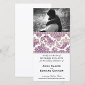 薄紫ヴィンテージダマスクレース日付の保存 セーブザデート (正面/裏面)