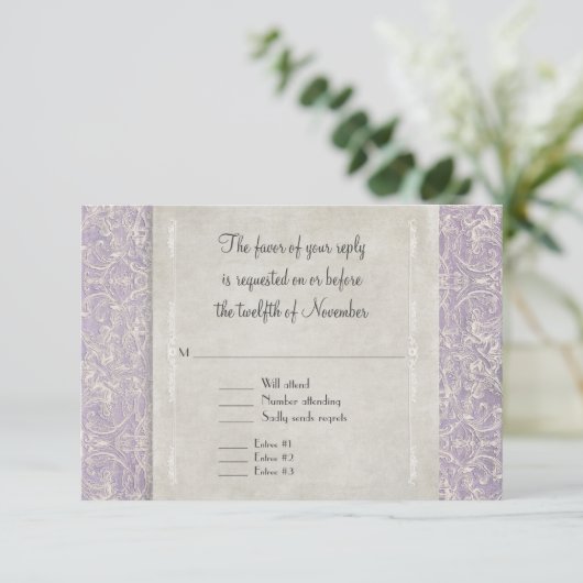 薄紫ヴィンテージフランスのリージェンシーレースエッチド結婚ーズ 出欠カード (スタンド正面)