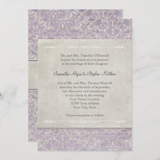 薄紫ヴィンテージフランスのリージェンシーレースエッチド結婚ーズ 招待状 (正面/裏面)