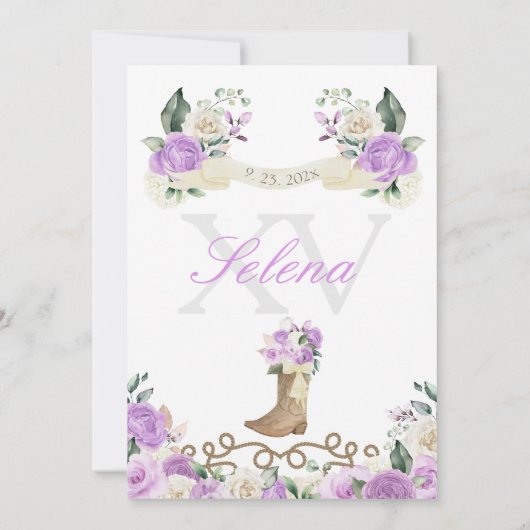 薄紫女性のカーボーイプリンセスホースチャロキンセアニラ 招待状 (裏面)