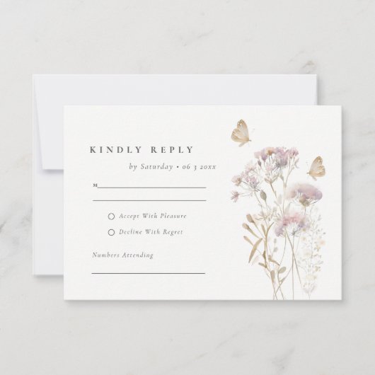 薄紫山花シダの葉の水色結婚の 出欠カード (正面)