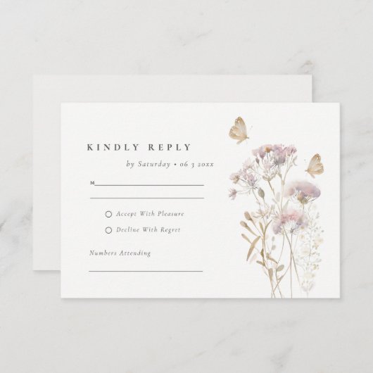 薄紫山花シダの葉の水色結婚の 出欠カード (正面/裏面)