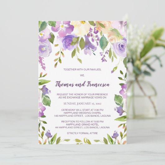 薄紫水彩フローラ結婚式招待状 招待状 (スタンド正面)