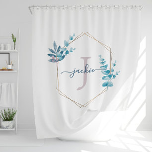 薄紫水色ユーカリプスフレームモノグラム シャワーカーテン