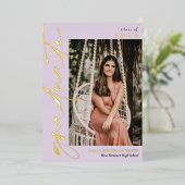 薄紫淡い色の金箔書道写真卒業 箔招待状 (立ち正面)