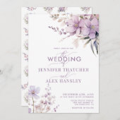 薄紫素朴花スクリプトフローラQRコー結婚ド 招待状 (正面/裏面)