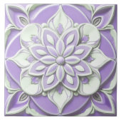 薄紫紫と白のフェイクレリーフ、 浮き彫りフローラ花 タイル (正面)