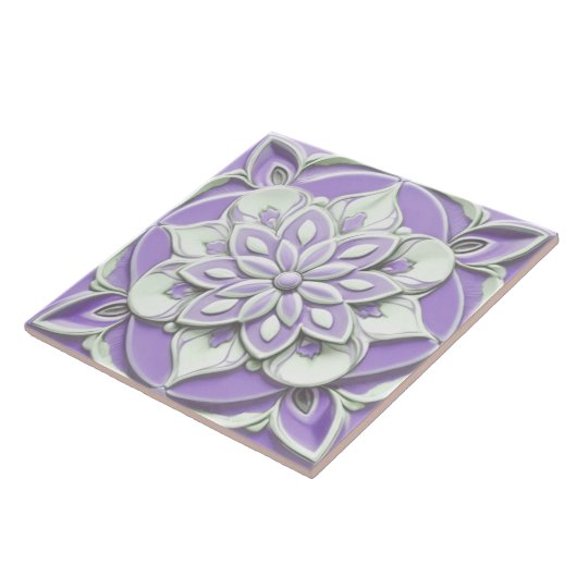 薄紫紫と白のフェイクレリーフ、 浮き彫りフローラ花 タイル (側面)