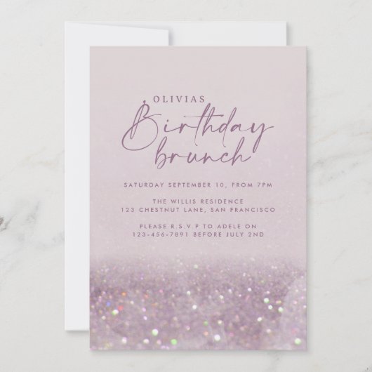 薄紫紫のグリッターエレガント誕生日ブランチシック 招待状 (正面)