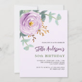 薄紫紫のバラフローラの緑の誕生日 招待状 (正面)